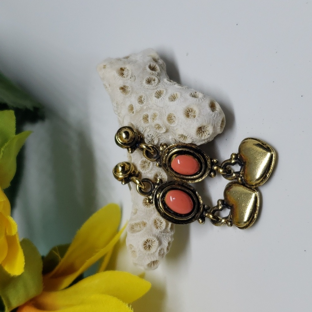 Vintage enamel gold tone and coral pierced earrings